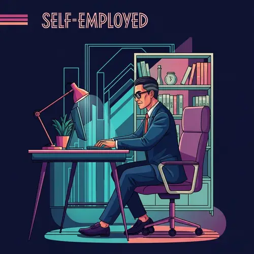 Bold & Confident Middle-Aged Asian Self-Employed Person in Art Deco Workspace