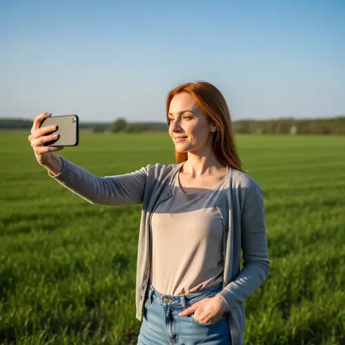 Redhead Woman Taking Selfie in Countryside | Serene Scene