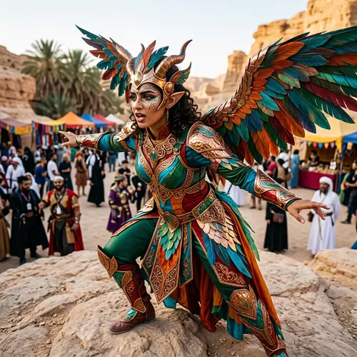 Middle-Eastern Mythical Creature Cosplayer: Vibrant Colors & Metallic Accents