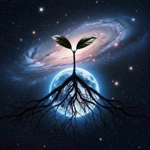 Luminous Blue Sphere with Celestial Roots & Sprouts