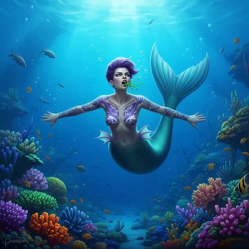 Majestic Mermaid with Purple Hair, Tattoos, Spitting Green Liquid Majestic Mermaid with Purple Hair, Tattoos, Spitting Green Liquid