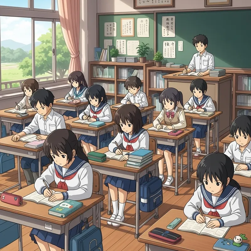Peaceful 2D Japanese Classroom with Studious Students | Nostalgic Study Session