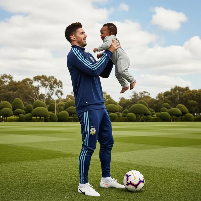 Footballer Messi Lifts Joyful Chubby Baby Outdoors