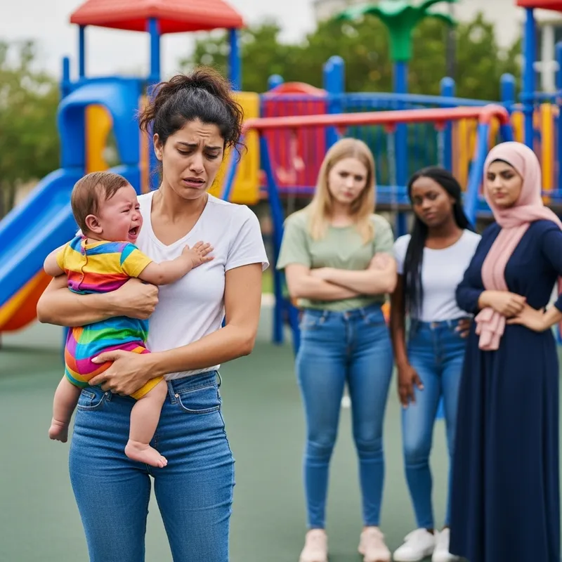 Mother and Child Overwhelmed at Playground While Others Look On