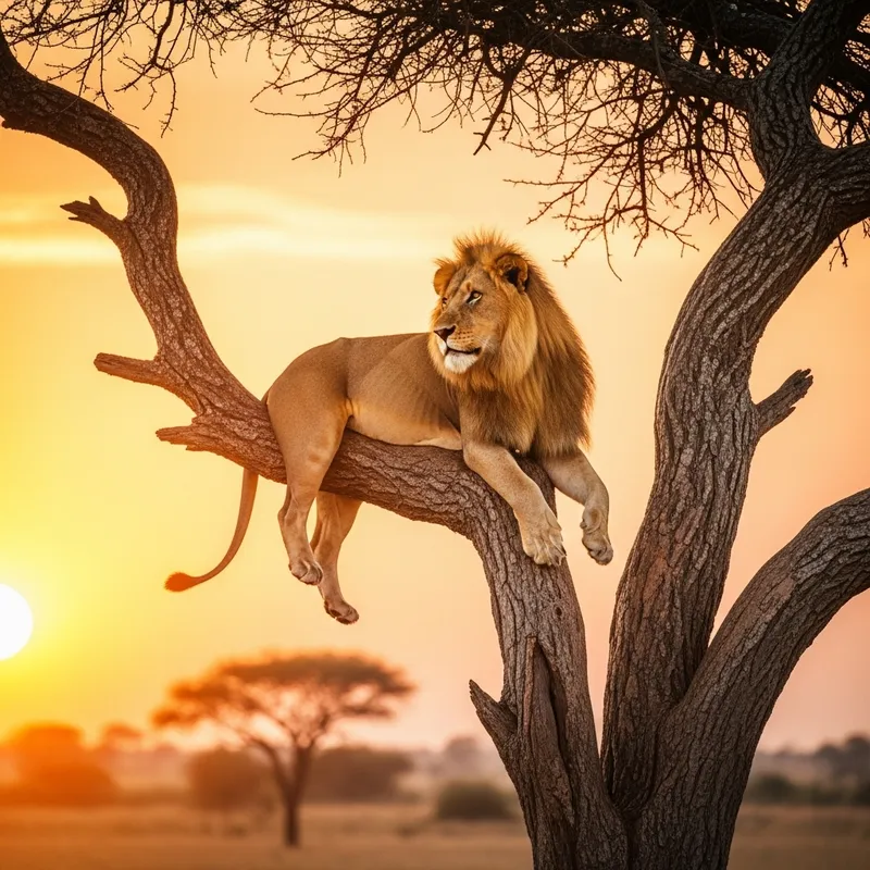 Majestic Lion on Tree in African Sunset