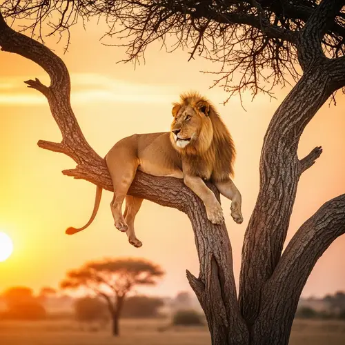 Majestic Lion on Tree in African Sunset