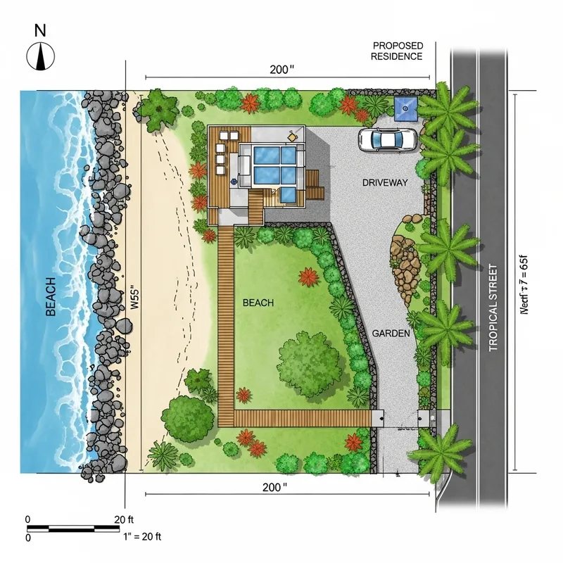 Architectural Plot Plan for 200x65 ft Lot with Rocky Beach & Tropical Street Views