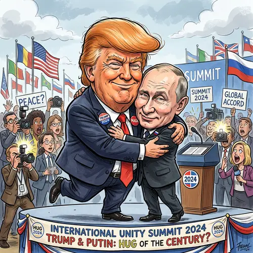 Trump and Putin Caricature Hugging Together