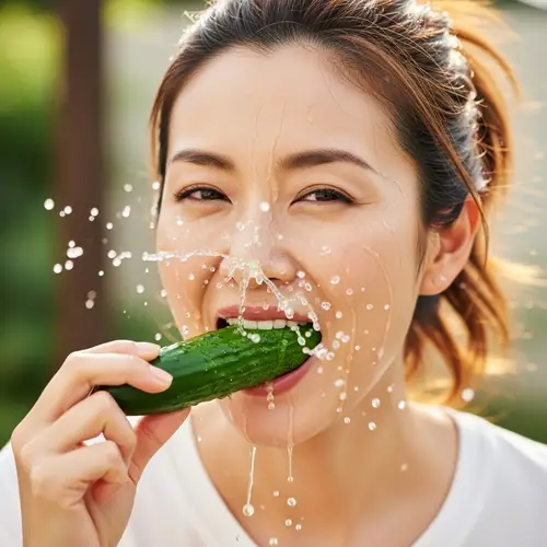 East Asian Woman Eating Juicy Cucumber