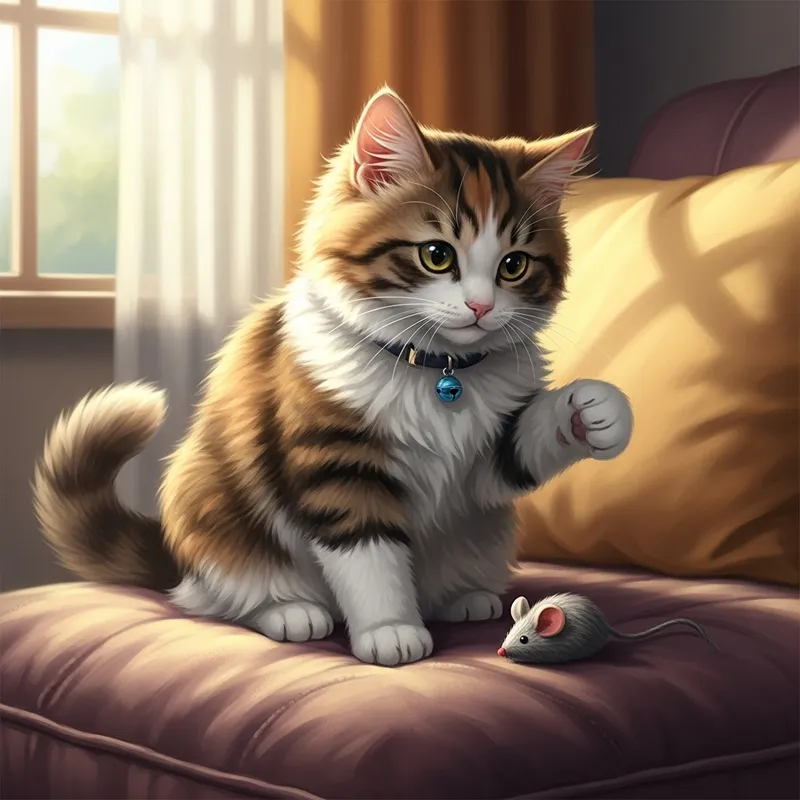 Playful Domestic Cat on Plush Cushion