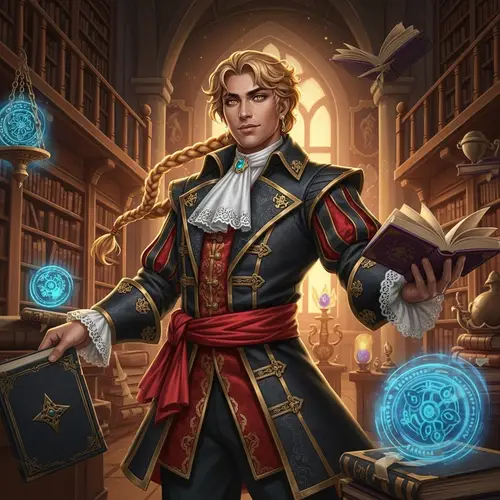 Hispanic Male Magician in Baroque Fantasy Costume at Magic Academy