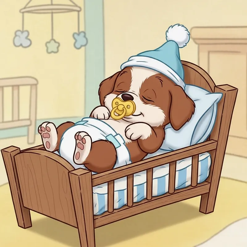 Newborn Puppy Snoopy Sleeping in Crib - Classic Baby Cartoon Vibe