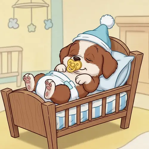 Cute Newborn Puppy Sleeping in Crib - Classic Animation Character Vibe