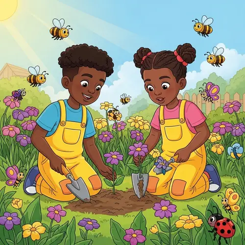 Youthful African Boy and Girl Planting Purple Flowers in Lush Garden