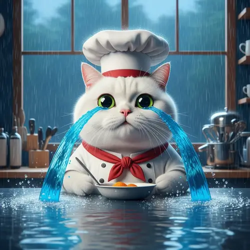 Chubby White British Cat Chef Crying in Blue Flood