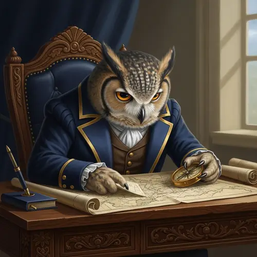 Majestic Owl in Navy Blue Attire Studying Map with Compass