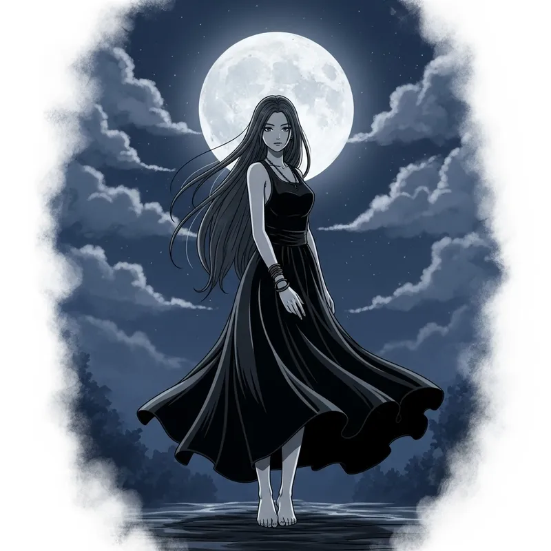 Mysterious Girl in Black Dress | Anime-Style Enigma in Moonlit Sky Mysterious Girl in Black Dress | Anime-Style Enigma in Moonlit Sky