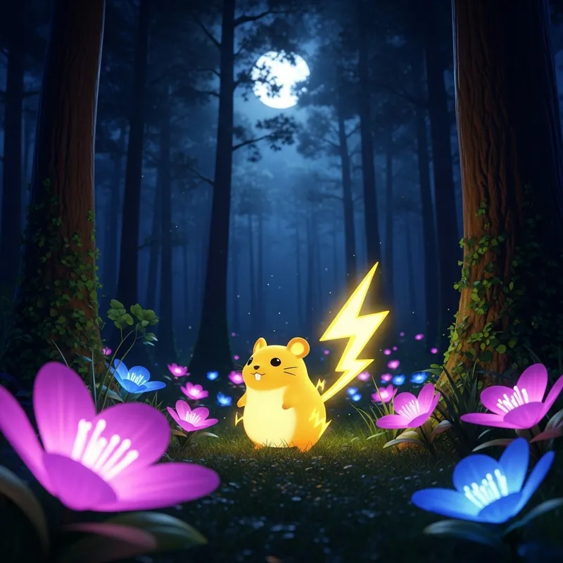 Pikachu in a Magical Forest with Glowing Flowers