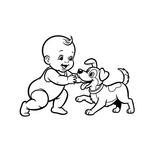 Vintage Black & White Kids Coloring Model Sheet - Joyful Baby & Dog
