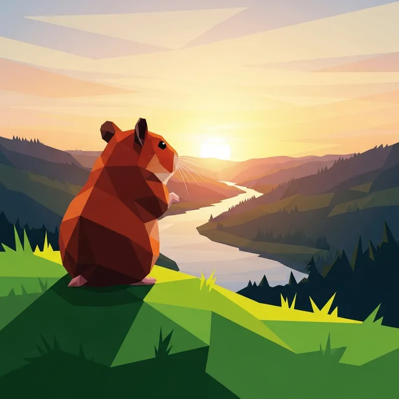 Red Hamster at Dawn on Green Hill by River Valley Scene