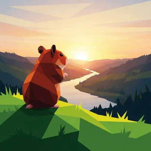 Red Hamster on Verdant Green Hill at Dawn | River Valley Scene