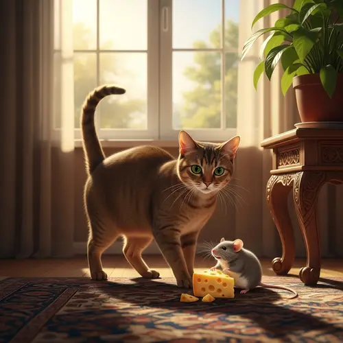 Realistic Cat Playing with Chubby Mouse in a Homely Environment