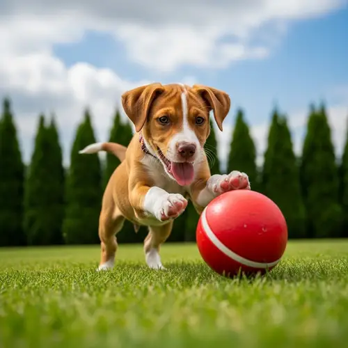 Playful Brown and White Puppy in Lush Green Yard
