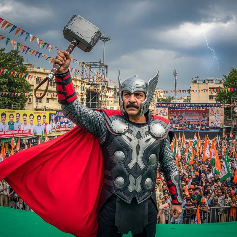 Narendra Modi as Indian Prime Minister transforms into powerful Thor superhero