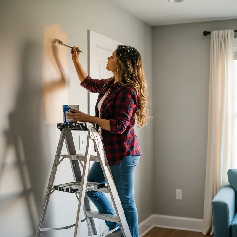 Blond Woman Painting Living Room Wall - Ethereal Tranquility
