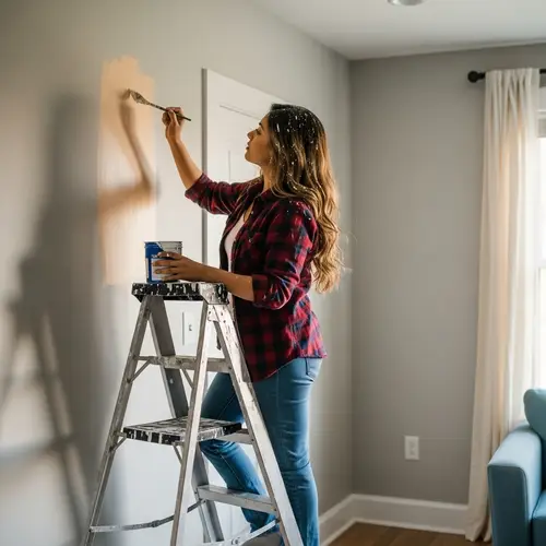 South Asian Woman Painting Living Room Wall - Serene Solitude