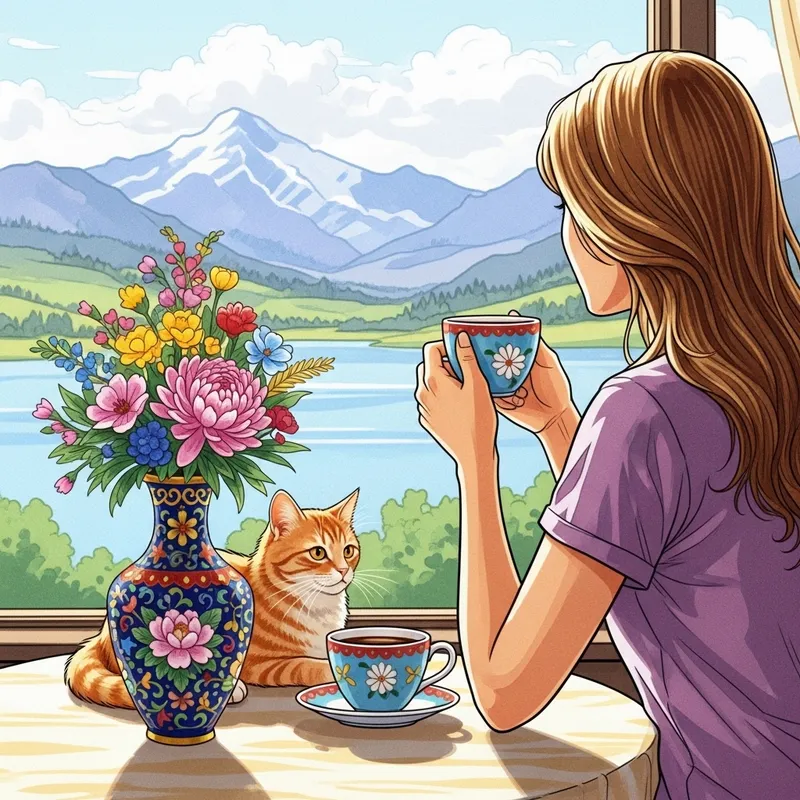 Detailed Watercolor Painting of Woman Enjoying Morning Coffee and Scenic View