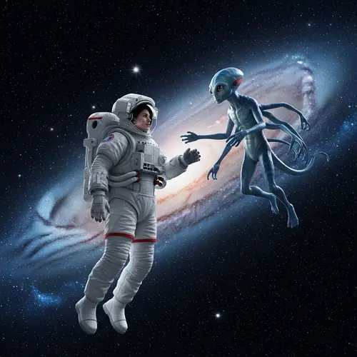 Hispanic Female Astronaut and Alien Encounter in Space