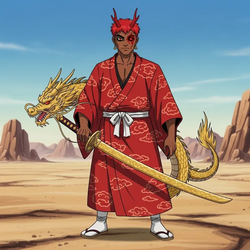 Desert Dragon Hashira | Brown Skin, Red Kimono, Golden Katana