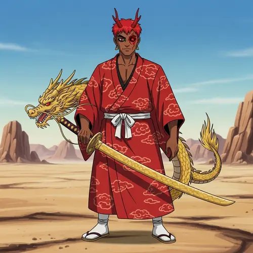 Dragon-themed Man with Red Kimono and Golden Katana