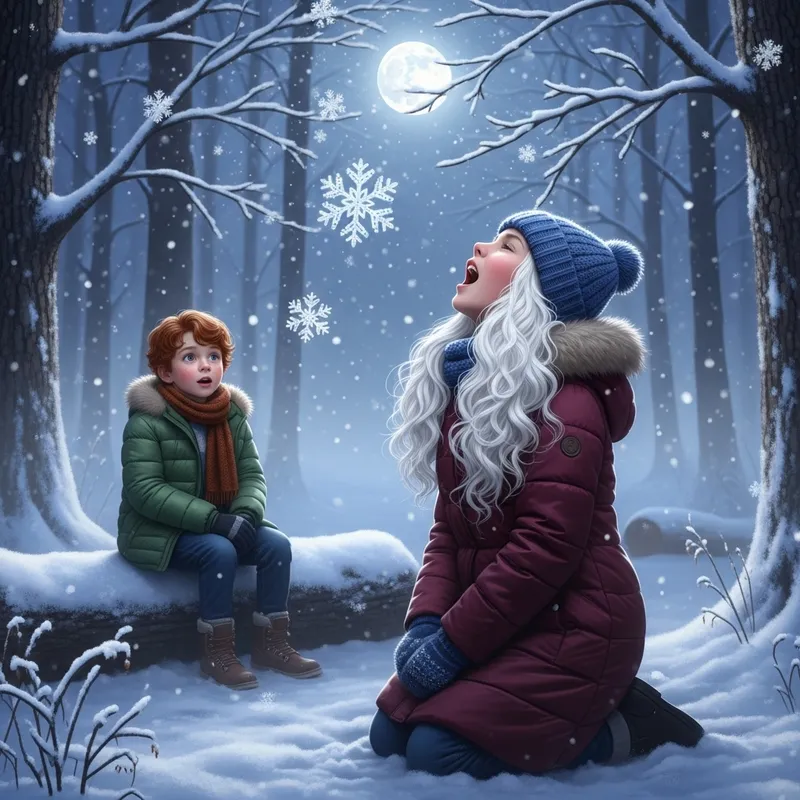 Enchanting Winter Scene: Girl Howling at the Moon in Snowy Forest