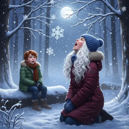 Mystical Winter Scene: Girl Howling at the Moon in Enchanted Forest