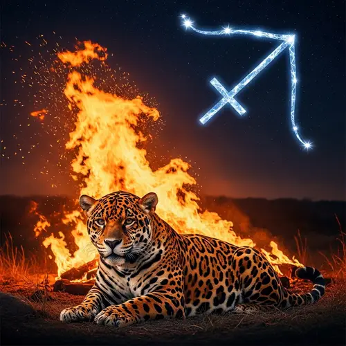 Majestic Jaguar in Fiery Landscape | Sagittarius Symbol