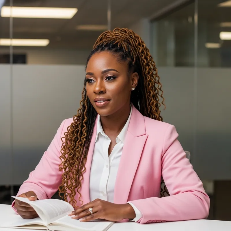 Empowering Black Woman CEO in Pink Suit at Publishing Company Office