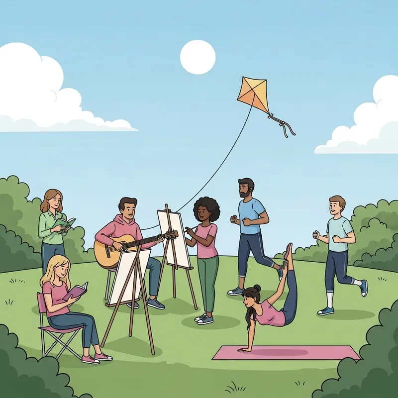 Diverse Group in Park: Art, Music, Yoga, and More