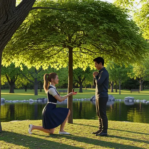 Romantic Proposal Scene in Serene Park - 3D Image