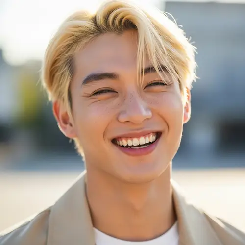 Charming Asian Man with Blonde Hair and Freckles | Smiling Portrait