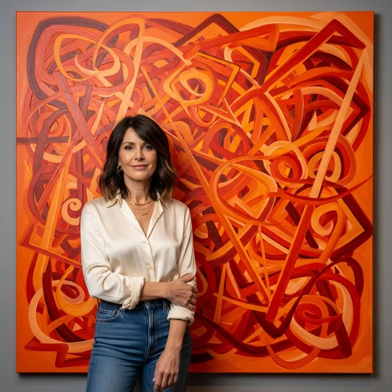 Mid-Aged Caucasian Woman Standing Abstract Painting Orange Red Background