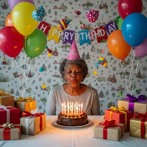 Joyful Birthday Celebration with African-American Woman and Colorful Decor