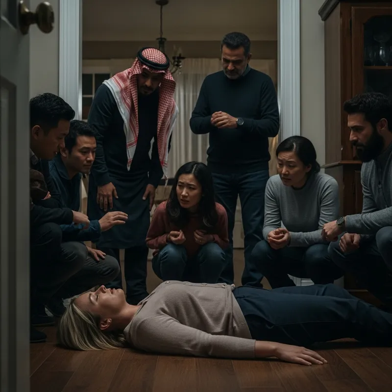 Dramatic Scene: Woman Surrounded, 8k UHD & Film Grain