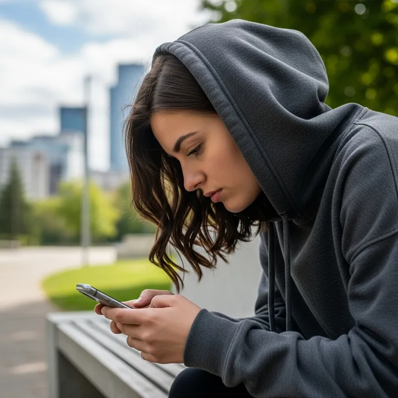 Young Woman with Hoodie and Hair Looking at Phone