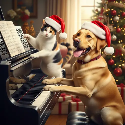 Happy Tri-Colored Cat and Labrador Dog Playing Christmas Piano