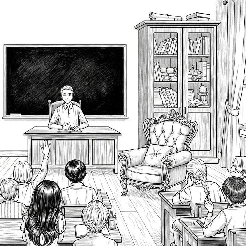 Classroom Drawing with Armchair, Blackboard, and Cabinet