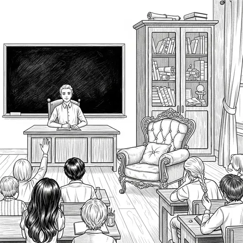 Detailed Classroom Drawing with Teacher's Table, Blackboard, and Students