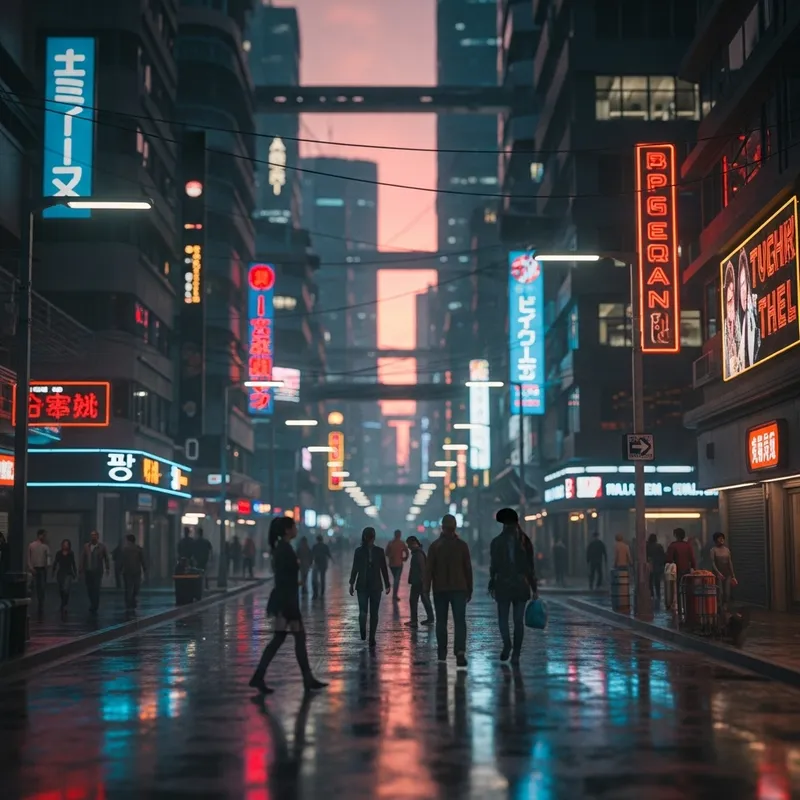 Neon-lit Cyberpunk Cityscape at Sunset | Tilt-Shift Photo