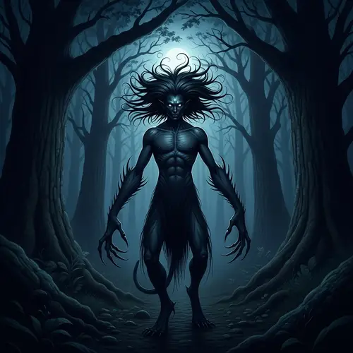 Mystical Creature in Eerie Night Woods - Enigmatic Scene
